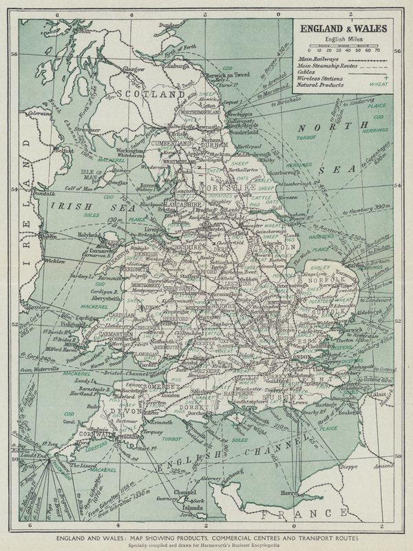 Inglaterra e País de Gales, Mapa mostrando produtos, centros comerciais e rotas de transporte (litografia) de English School