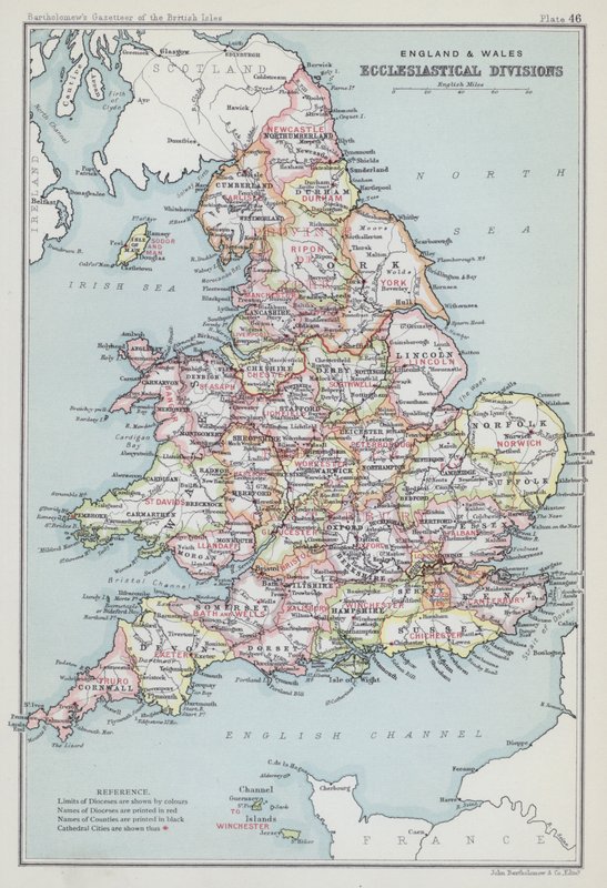 Inglaterra e País de Gales, divisões eclesiásticas (litografia a cores) de English School