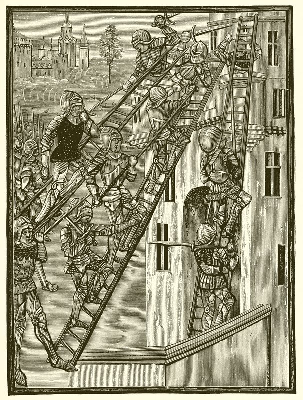 Soldados ingleses que escalam uma fortaleza em Gasconha, Temp. Eduardo III de English School