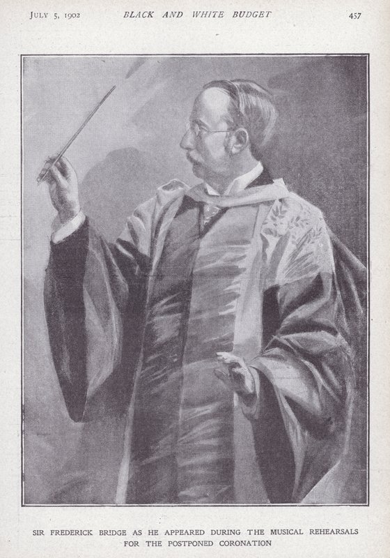O compositor, organista e maestro inglês Sir Frederick Bridge ensaiando para a coroação adiada do Rei Eduardo VII de English School