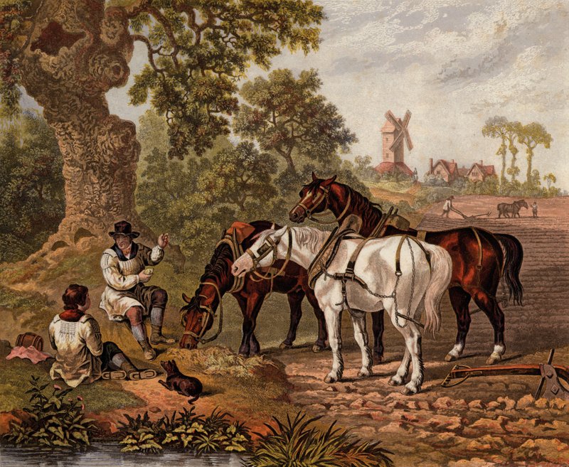 Lavoura de agricultores ingleses (gravura colorida) de English School