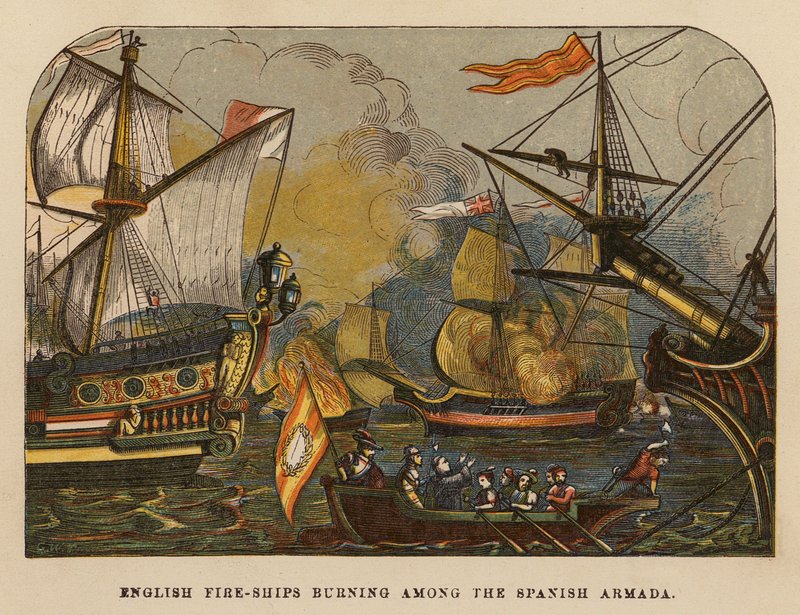 Navios de guerra ingleses a arder entre a Armada Espanhola (gravura a cores) de English School