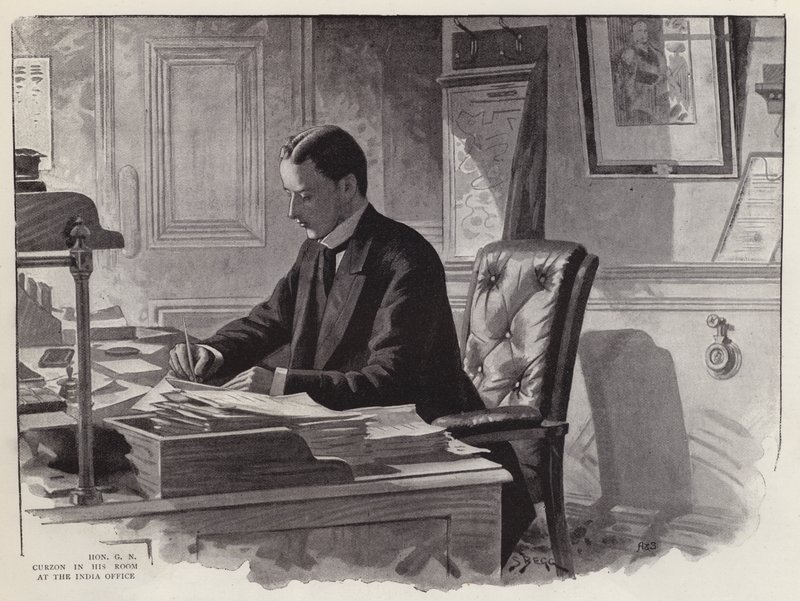 O político inglês George Curzon a trabalhar no seu escritório no escritório da Índia (litho) de English School