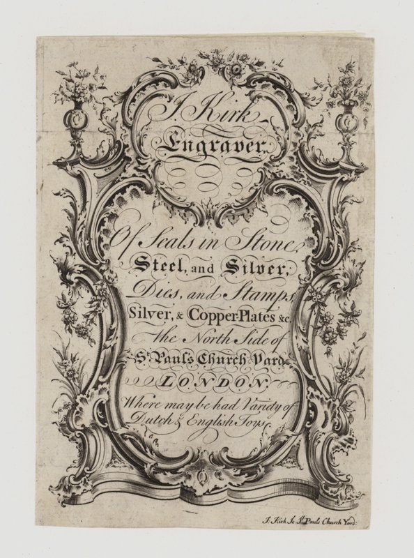 Gravadores de selos, J Kirk, cartão de comércio de English School