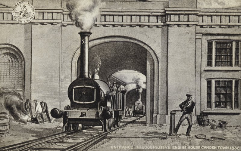 Entrada, para, locomotiva, casa motor, camden, cidade, 1838 de English School