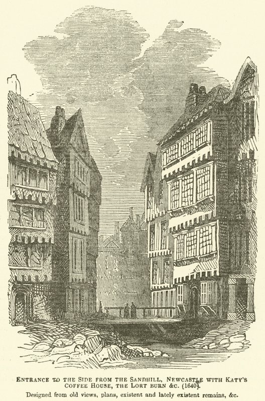Entrada para o lado do Sandhill, Newcastle com Katys Coffee House, o Lort Burn etc, 1640, projetado a partir de antigos pontos de vista, planos, restos existentes e ultimamente existentes, etc de English School