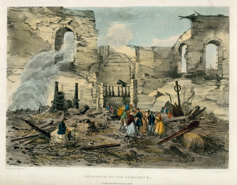 Entrada para o arsenal, Tower of London Fire, 1841 de English School