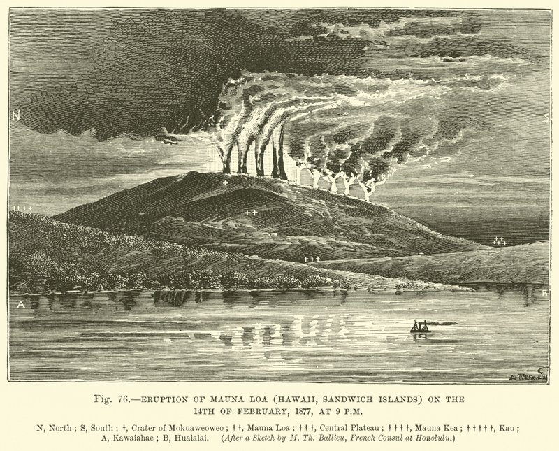 Erupção de Mauna Loa (Havaí, Sandwich Islands) em 14 de fevereiro de 1877, às 21h de English School