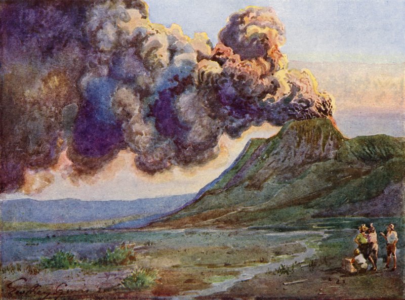 Erupção do Monte Bromo, Java, Indonésia (lito colorido) de English School