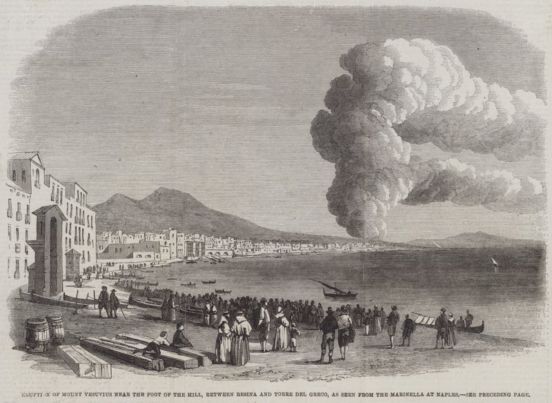 Erupção do Monte Vesúvio perto do Pé do Morro, entre Resina e Torre del Greco, como visto da Marinella em Nápoles (gravura) de English School