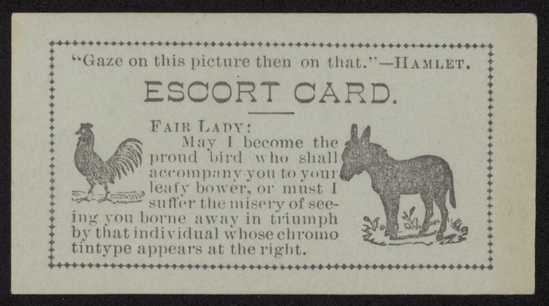 Escort cartão com imagens de uma galinha e um burro de English School