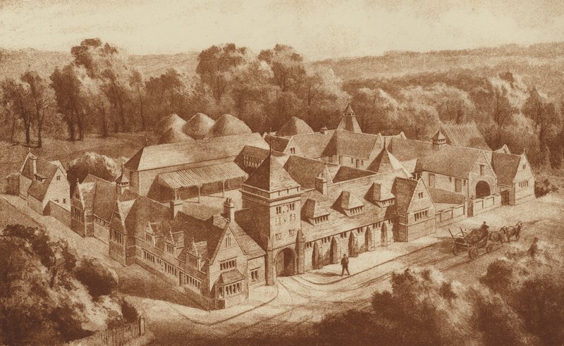 Edifícios e estábulos da propriedade, Clipsham, Rutland (litografia) de English School