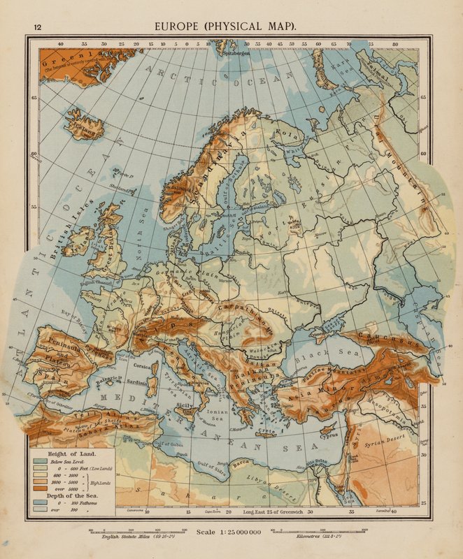 Europa, Mapa Físico (litografia a cores) de English School