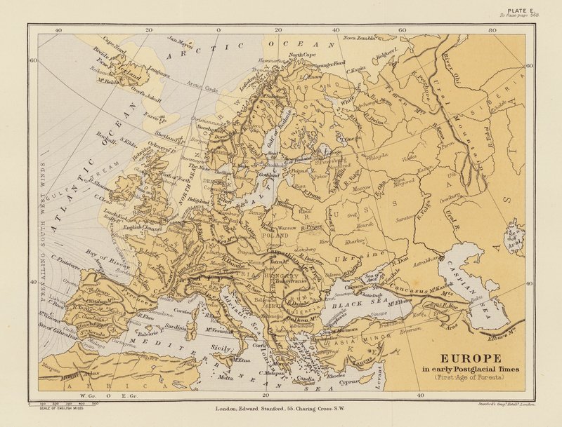 A Europa nos primeiros tempos pós-glaciares (litografia a cores) de English School