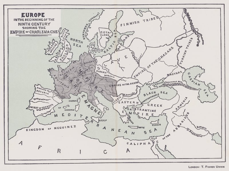 Europa, no início do século IX, mostrando o império de Carlos Magno (litografia a cores) de English School