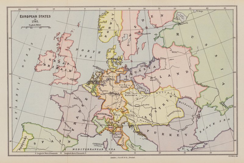 Estados europeus em 1792 (litografia a cores) de English School