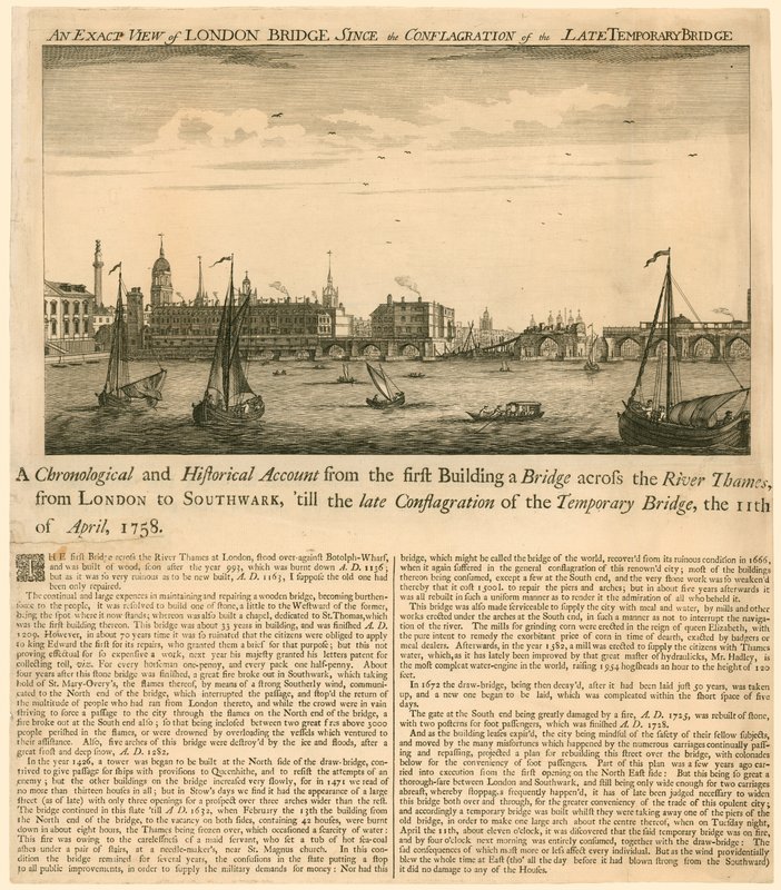 Vista exata da ponte de Londres desde a conflagração da ponte temporária tardia, 11 de abril de 1758 de English School
