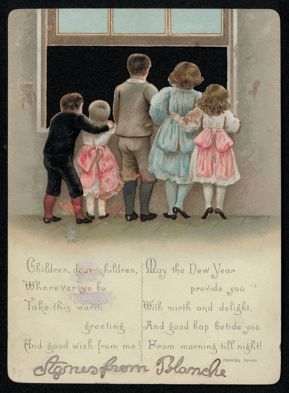 Crianças excitadas olhando pela janela, o cartão de Ano Novo. (chromolitho) de English School