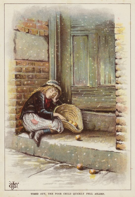 Criança exausta dormindo em uma porta na neve (chromolitho) de English School