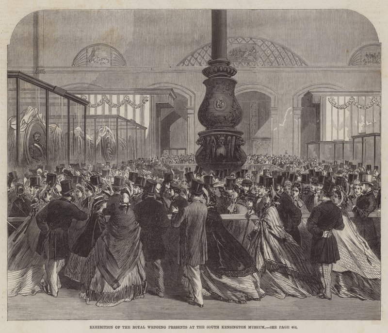 Exposição dos presentes de casamento reais no Museu Kensington do Sul (gravura) de English School