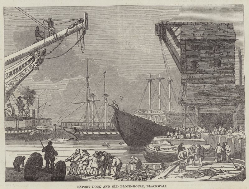 Export Dock e Old Block-House, Blackwall (gravura) de English School