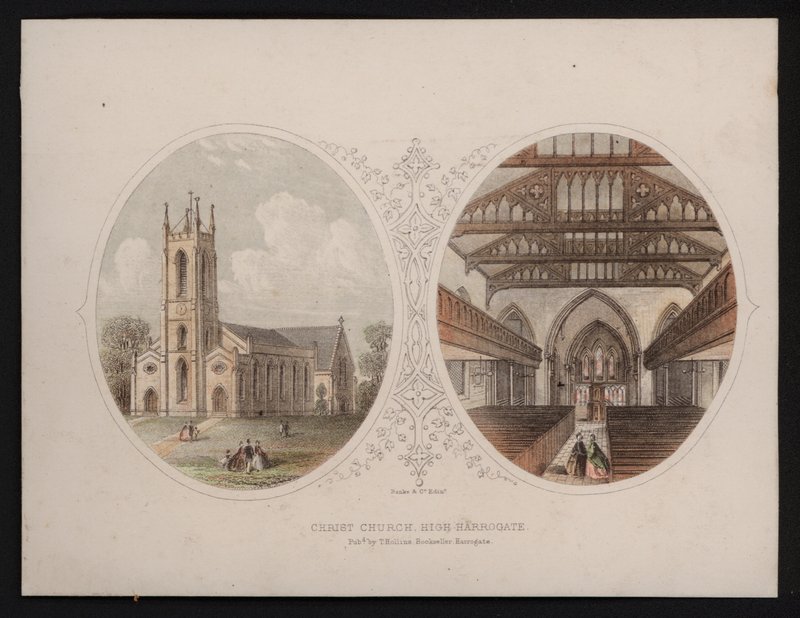 Vista exterior e interior da Igreja Chriist, Harrogate, Yorkshire (gravura colorida) de English School