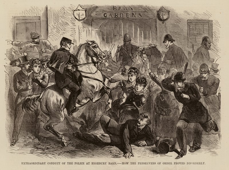 Conduta extraordinária da polícia em Highbury Barn, como os defensores da ordem se revelaram desordeiros (gravura) de English School