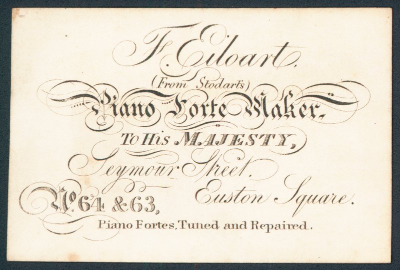 F Eiloart, piano forte maker, cartão de comércio de English School