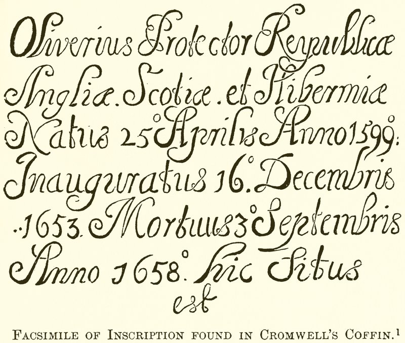 Fac-símile da Inscrição encontrada no Caixão de Cromwell de English School