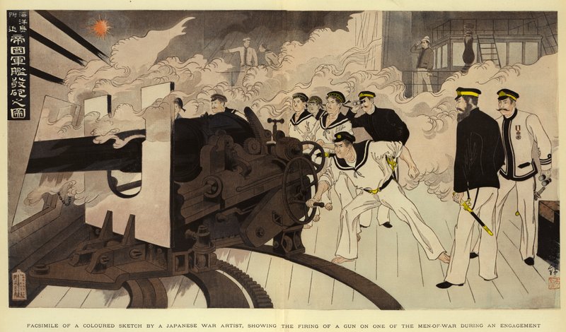 Fac-símile de um esboço a cores de um artista de guerra japonês, mostrando o disparo de uma arma sobre um dos homens de guerra durante um combate (litografia a cores) de English School
