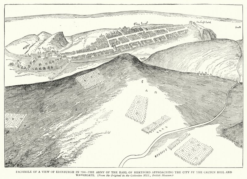 Fac-símile de uma vista de Edimburgo em 1544, com o exército do conde de Hertford a aproximar-se da cidade por Calton Hill e Watergate (gravura) de English School