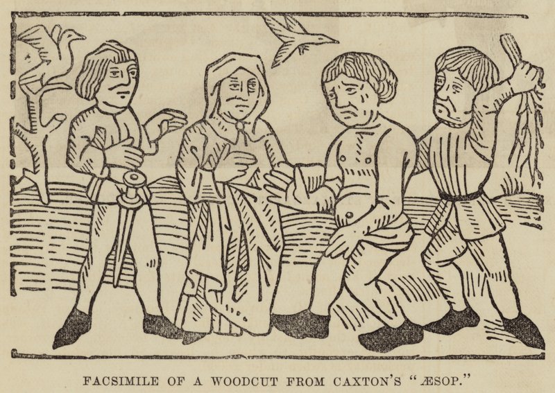 Fac-símile de uma talha do "Esopo" de Caxton (gravação) de English School