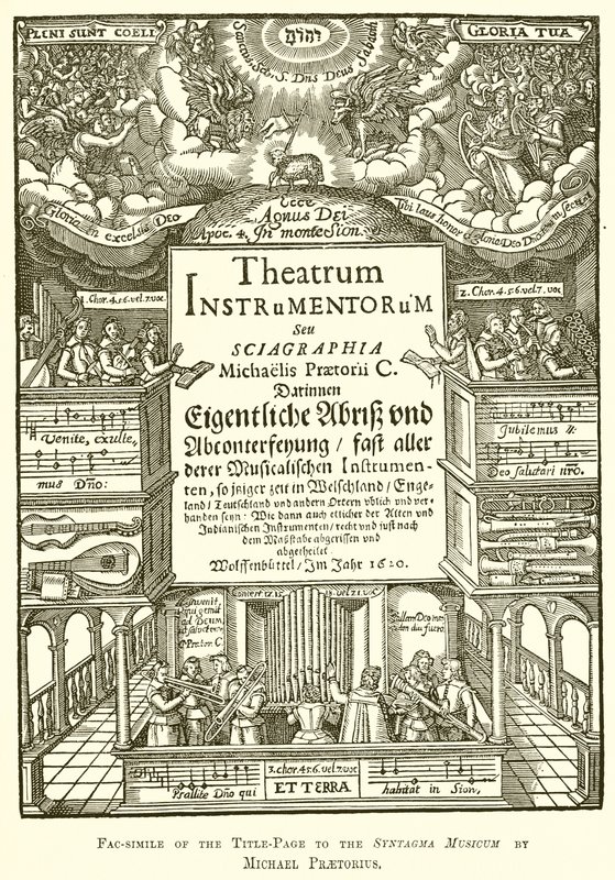 Fac-símile da página de rosto para o Syntagma Musicum por Michael Praetorius de English School