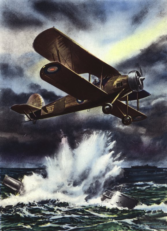 Fairey Swordfish afundando um U-boat no Mar do Norte de English School
