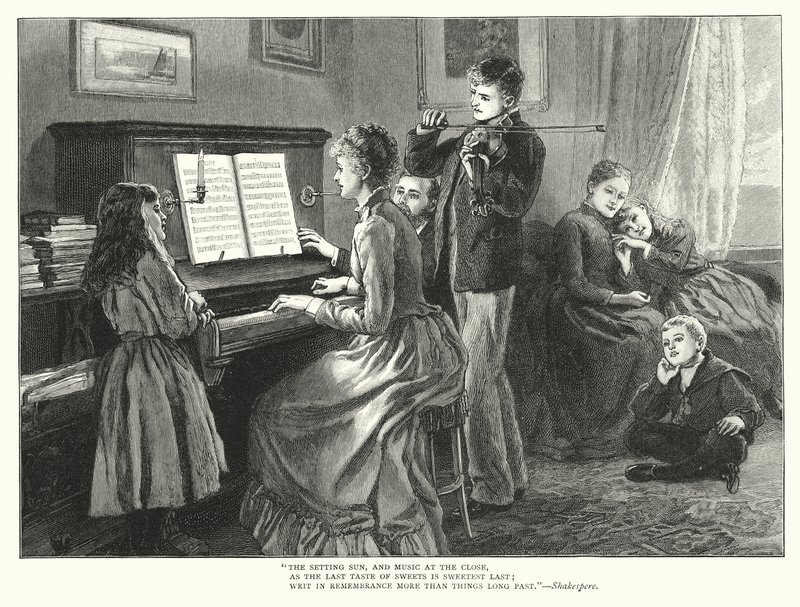 Família a tocar música em conjunto (gravura) de English School