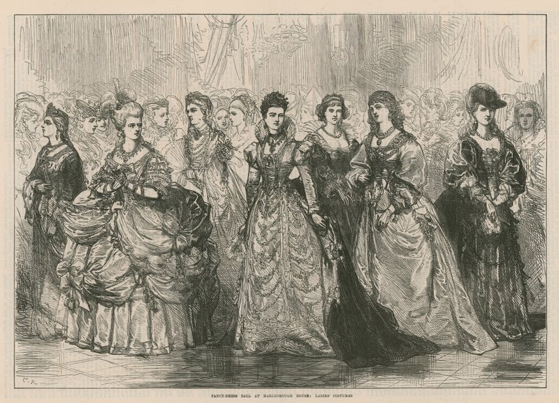 Vestido extravagante bola em Marlborough House - trajes de senhoras de English School