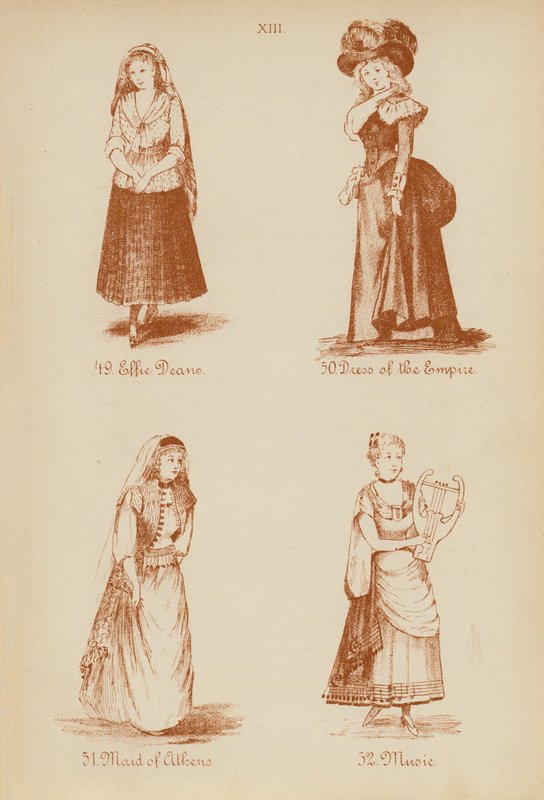 Fatos de fantasia: Effie Deane, Vestido do Império, Dama de Atenas, Música (litografia) de English School