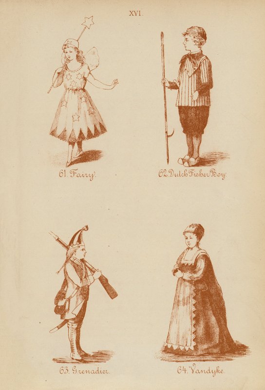 Fatos de fantasia: Fada, Pescador Holandês, Granadeiro, Vandyke (litografia) de English School