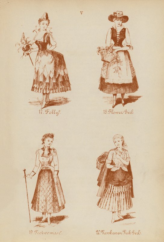 Fatos de fantasia: Folly, Flower Girl, Foolwoman, Newhaven Fish Girl (litografia) de English School