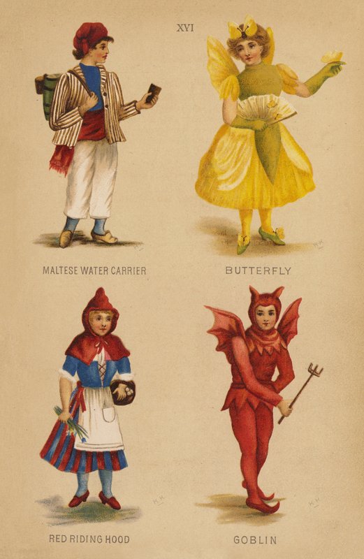Fatos de fantasia: Porta-Água Maltês, Borboleta, Capuchinho Vermelho, Duende (litografia a cores) de English School