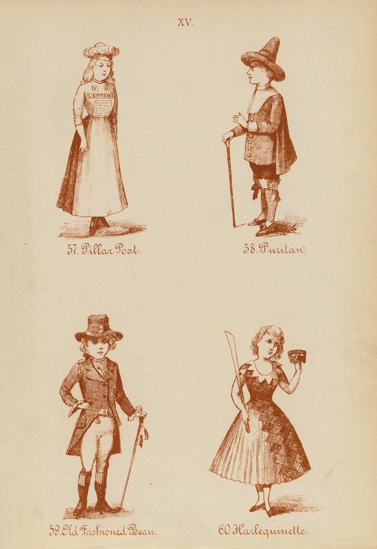 Fatos de fantasia: Pilar, Puritano, Feijão à moda antiga, Arlequinette (litografia) de English School