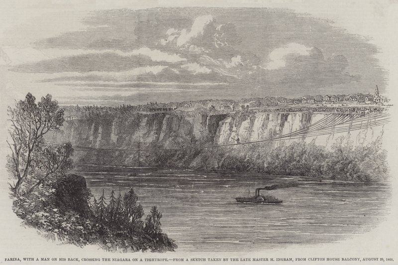 Farina, com um homem de costas, atravessando o Niágara na corda bamba, de Clifton House Balcony, 29 de Agosto de 1860 (gravura) de English School