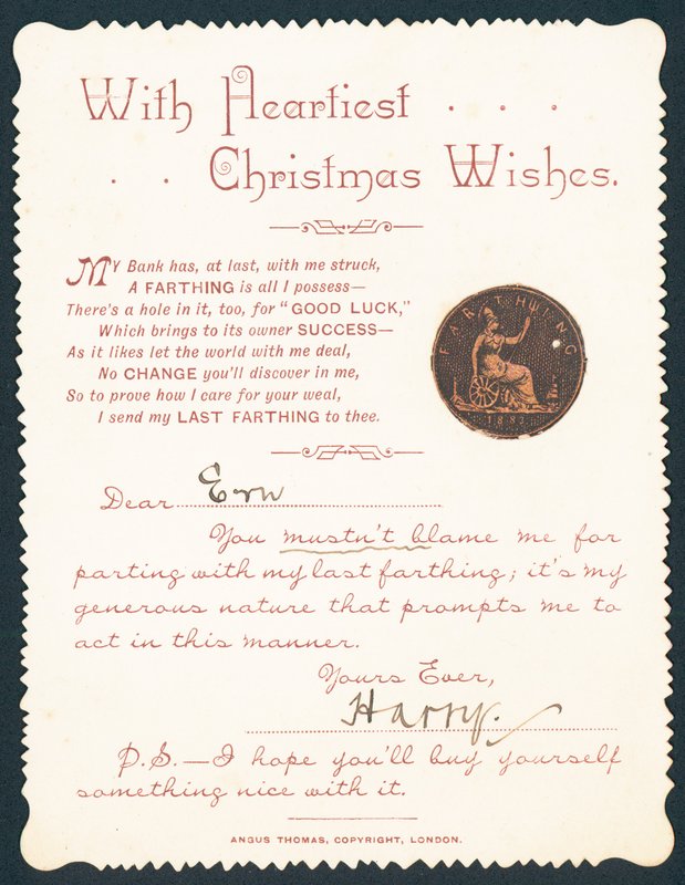 Farthing com furo, cartão de Natal de English School