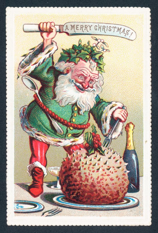 Corte do Natal do pai no pudim de ameixa, cartão de Natal de English School