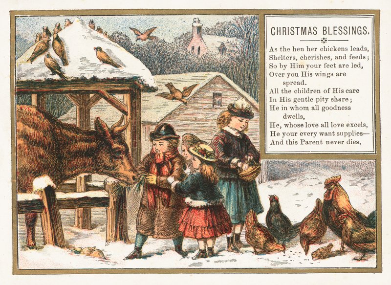 Alimentando animais na neve, cartão de Natal de English School