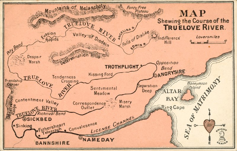 Mapa fictício do curso do rio TrueLove (cor litho) de English School