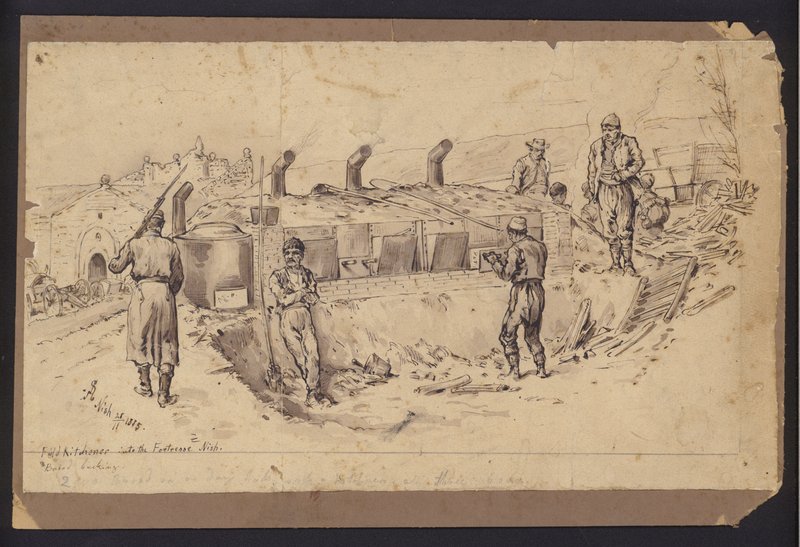 Cozinha de campo na fortaleza de Nis, Sérvia, Guerra servo-búlgara, 28 de Novembro de 1885 (desenho) de English School