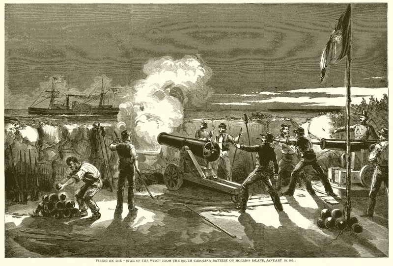 Atirando na Estrela do Oeste da Bateria da Carolina do Sul na Ilha Morriss, 10 de janeiro de 1861 de English School