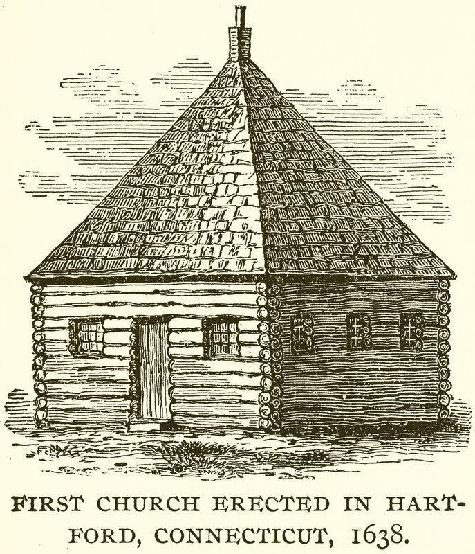 Primeira igreja erigida em Hart-Ford, Connecticut, 1638 de English School