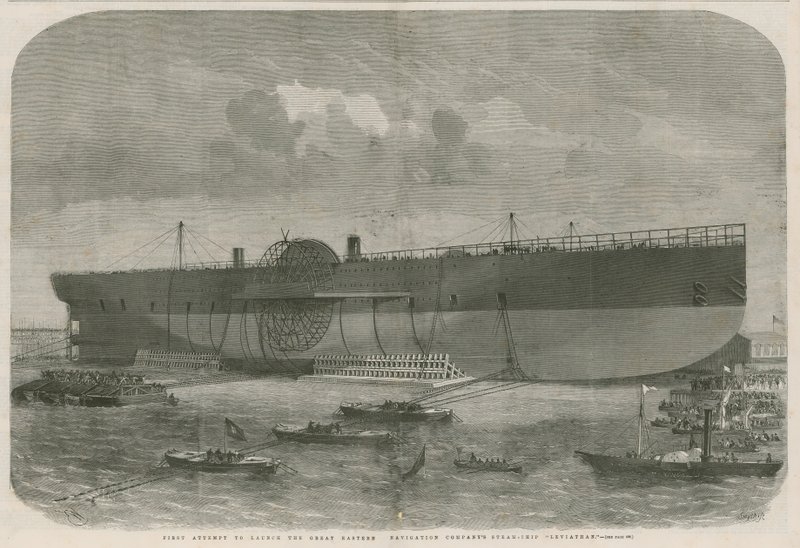 Primeira tentativa de lançar o navio a vapor Leviathan da Great Eastern Navigation de English School